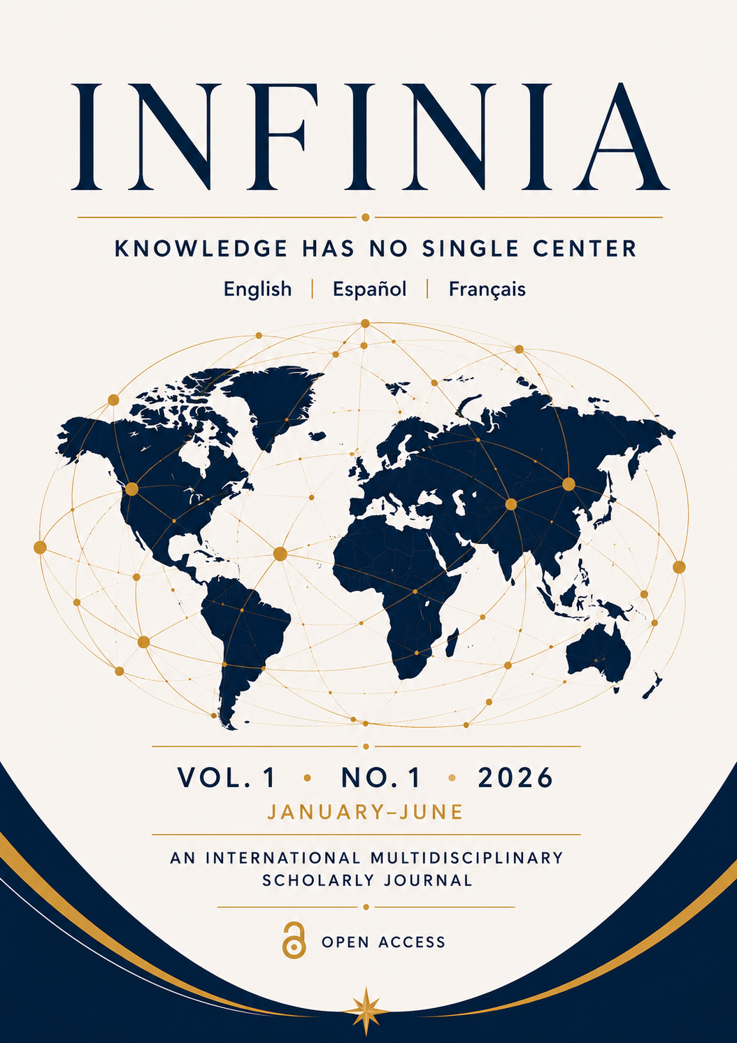 Portada de INFINIA, Volumen 1, Número 1 (enero–junio de 2026), con un mapa mundial en azul marino conectado mediante líneas y nodos dorados que simbolizan el intercambio global de conocimiento. Incluye el lema “Knowledge Has No Single Center” y la identificación de la revista como publicación académica internacional y multidisciplinaria de acceso abierto.